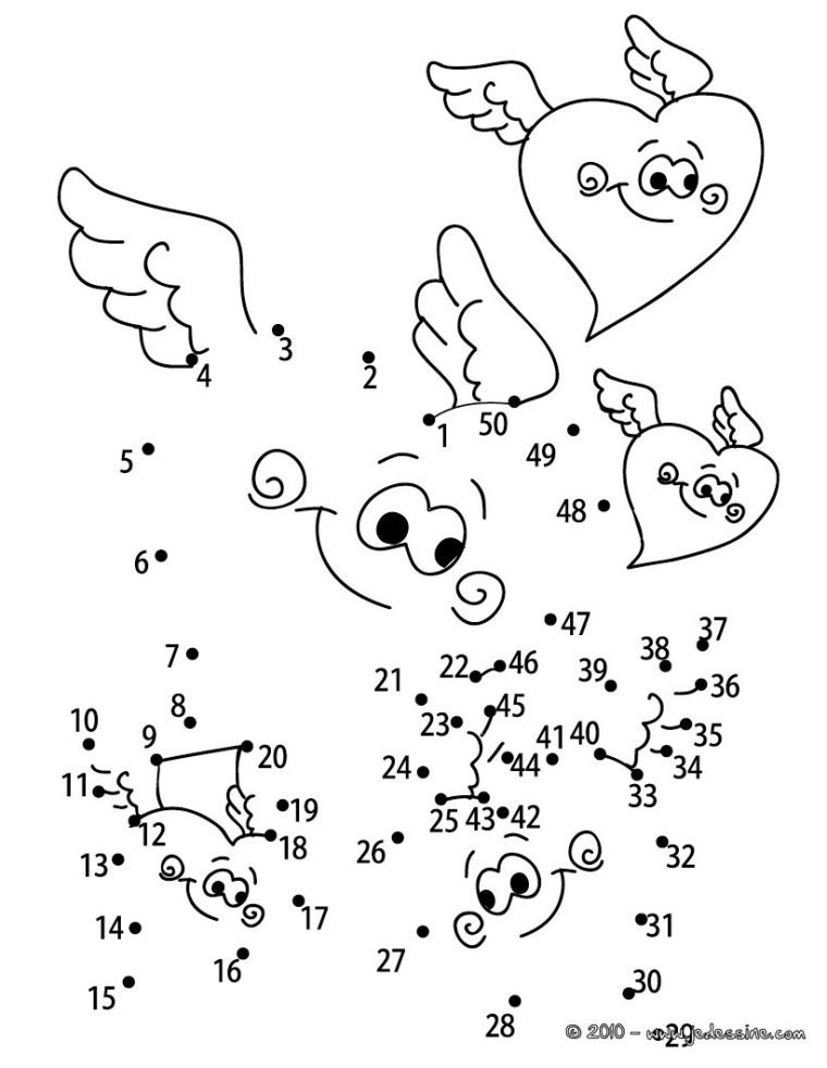 Coloriages Coeurs Ailés Points À Relier Moyen – Fr.hellokids concernant Jeux De Points À Relier