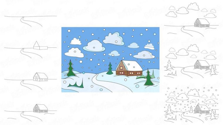 Comment Dessiner Un Hiver Neigeux encequiconcerne Dessin De Paysage D Hiver