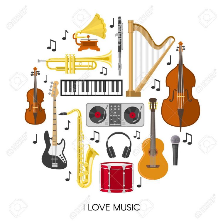 Composition Musicale Ronde Avec Isolé Jeu D'icônes De Couleur Avec Des  Instruments De Musique Et Le Titre I Love Music Illustration Vectorielle avec Jeu D Instruments