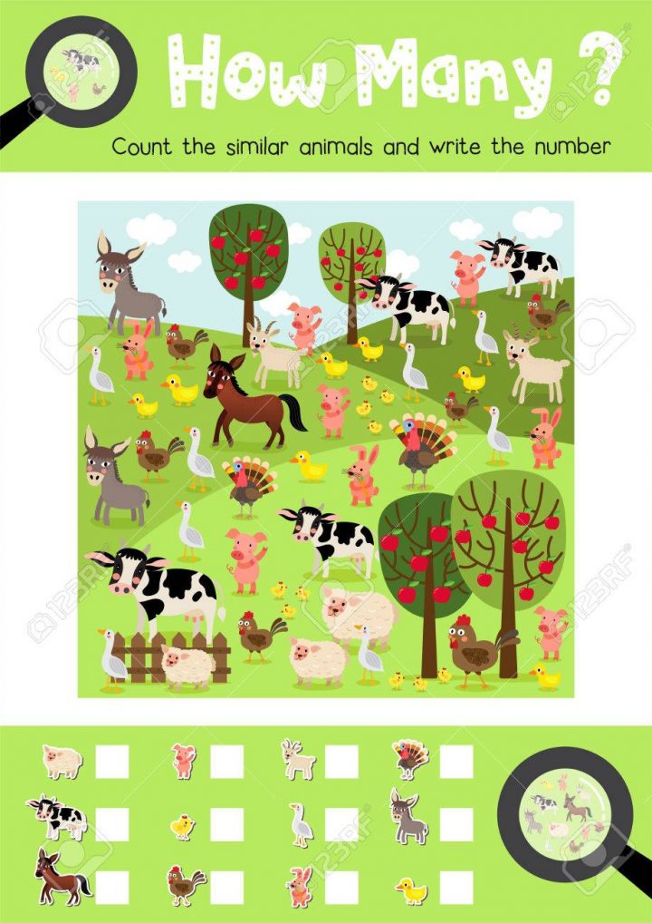 Compter Les Jeux D'animaux De Ferme Pour Les Enfants D'âge Préscolaire,  Plan D'activités En Version Imprimable Colorée A4. Illustration Vectorielle. à Jeux D Animaux De La Ferme