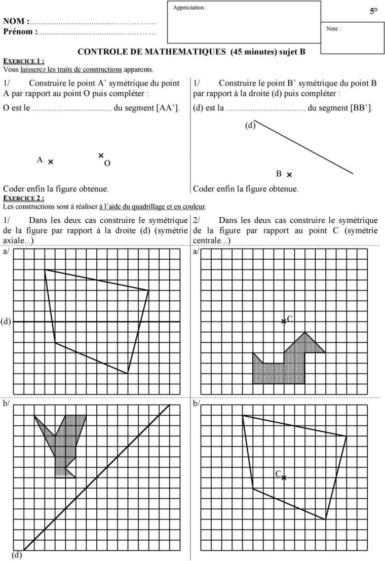 Controle De Mathematiques (45 Minutes) Sujet A Exercice 1 concernant Symétrie Cm1 Évaluation