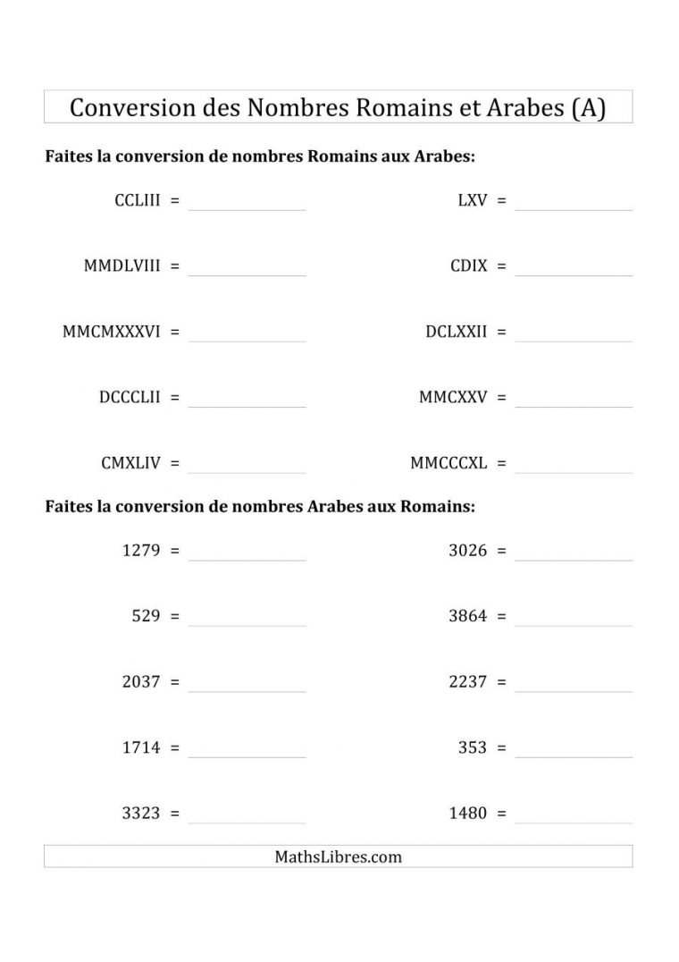 Conversion Des Nombres Romains Et Arabes Jusqu'à Mmmcmxcix pour Exercice Chiffre Romain