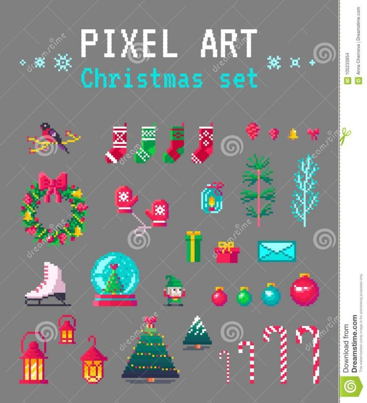 Cute Pixel Art Christmas Set For Design. Stock Vector avec Pixel Art De Noël