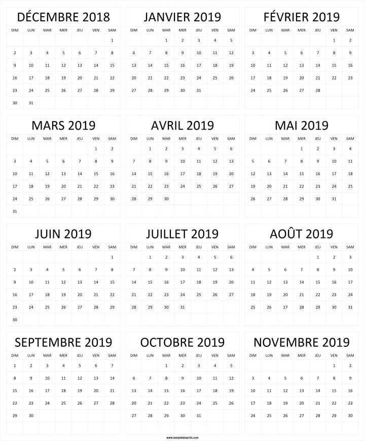 Decembre 2018 A Novembre 2019 Calendrier | Modèles destiné Calendrier 2018 Imprimable Gratuit