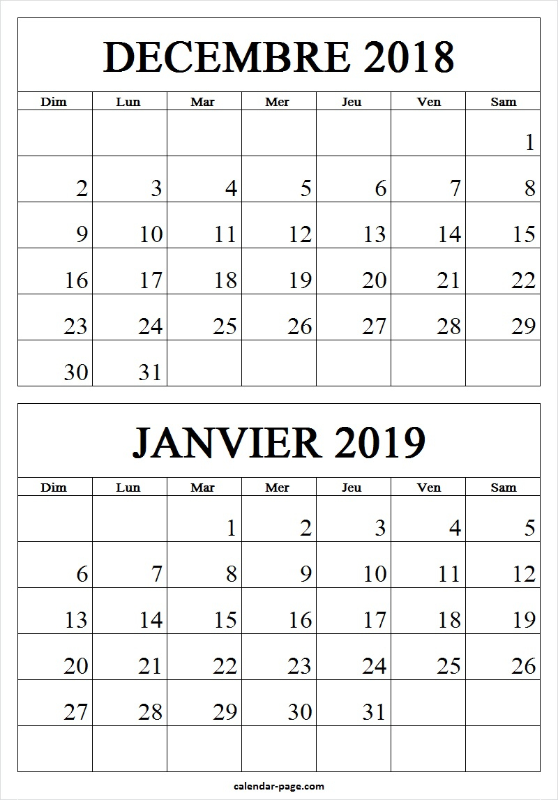 Decembre 2018 Janvier 2019 Calendrier | Calendrier Mensuel 2018 serapportantà Calendrier Mensuel 2018 À Imprimer