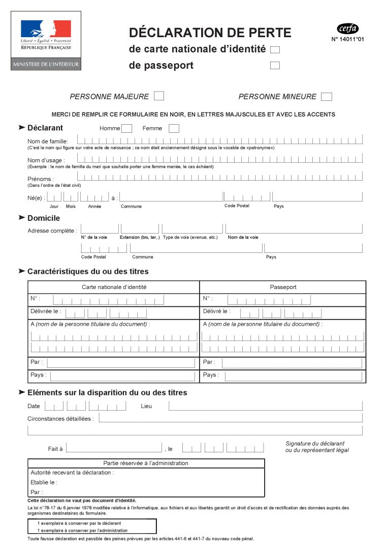 Déclaration De La Perte De Carte La D'identité Ou Du Passeport intérieur Carte De France A Remplir