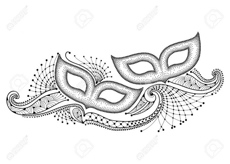 Dessin Avec Deux Pointillés Masque De Carnaval Et De Définir La Dentelle  Décorative En Noir Isolé Sur Fond Blanc. Design For Mardi Gras Parti Dans  Le dedans Dessin En Pointillé