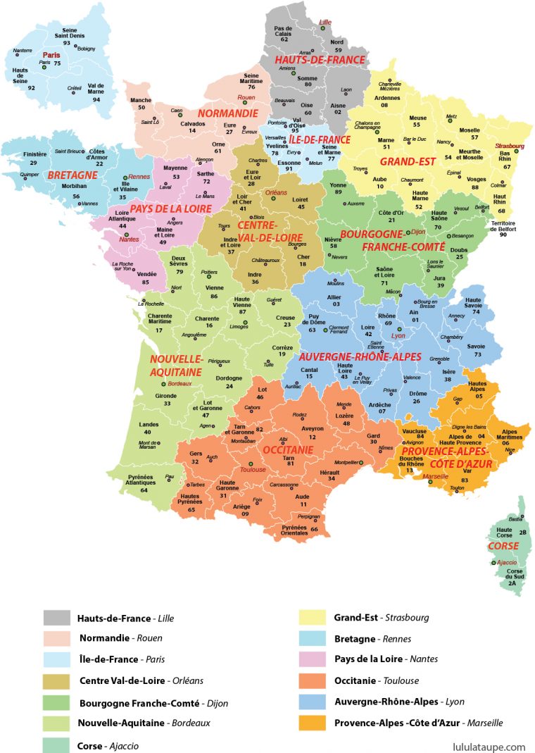 Dpartements #prfectures #imprimer #rgions #france #carte intérieur Mappe De France