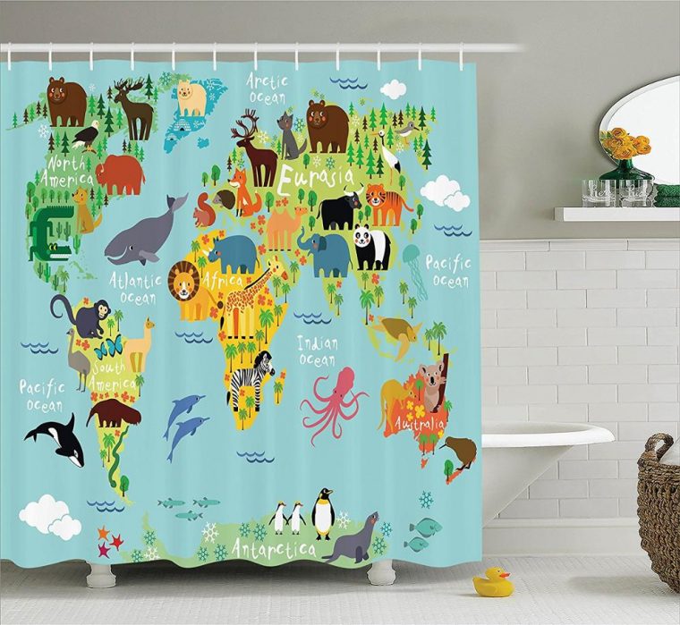 €16.92 |Mémoire Maison Animal Carte Du Monde Pour Enfants Enfants Dessin  Animé Forêts Polyester Tissu Salle De Bain Rideau De Douche Ensemble Avec dedans Carte Du Monde Pour Enfant