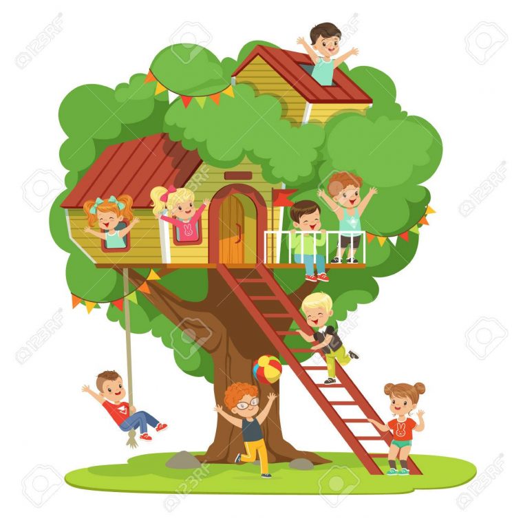 Enfants S'amuser Dans La Cabane Dans Les Arbres, Aire De Jeux Pour Enfants  Avec Balançoire Et Échelle Détaillée Vecteur Illustration Sur Fond Blanc pour Jeux Pour Enfan