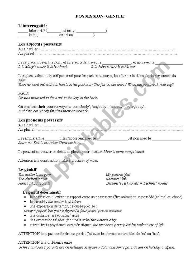 English Worksheets: Possession/ Genitive/ ´s à Trouver Les Difference