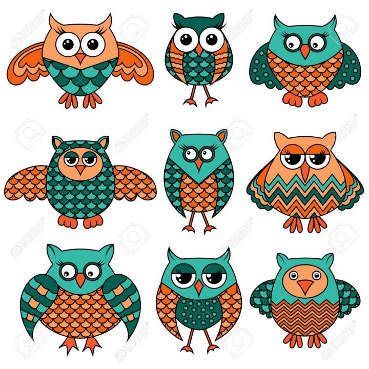 Ensemble De Neuf Hiboux Drôles Ornés De Dessin Animé Stylisé En Couleurs  Turquoise Et Orange Isolés Sur Fond Blanc, Illustration Vectorielle encequiconcerne Hibou Dessin Couleur