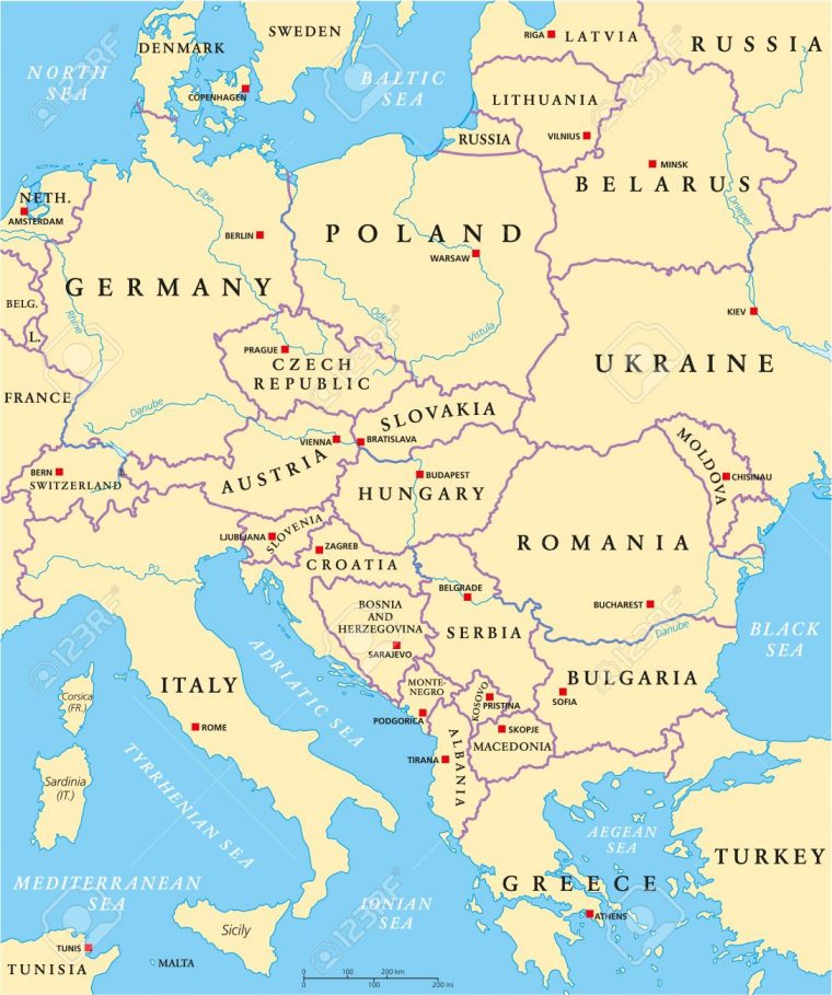 Europe Centrale Carte Politique Avec Les Capitales, Les Frontières Nationales, Les Rivières Et Les Lacs. Étiquetage Anglais Et Mise À L'échelle. intérieur Europe Carte Capitale Europe Centrale Carte Politique Avec Les Capitales, Les Frontières Nationales, Les Rivières Et Les Lacs. Étiquetage Anglais Et Mise À L'échelle. intérieur Europe Carte Capitale