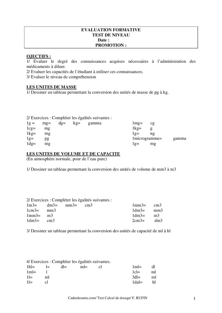 Évaluation Formative Calcul De Dosage – Docsity serapportantà Dessin Chiffre Romain