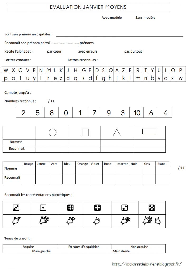 Evaluation Janvier – Laclassedelaurene.pdf | Evaluation dedans Exercices Moyenne Section Maternelle Pdf