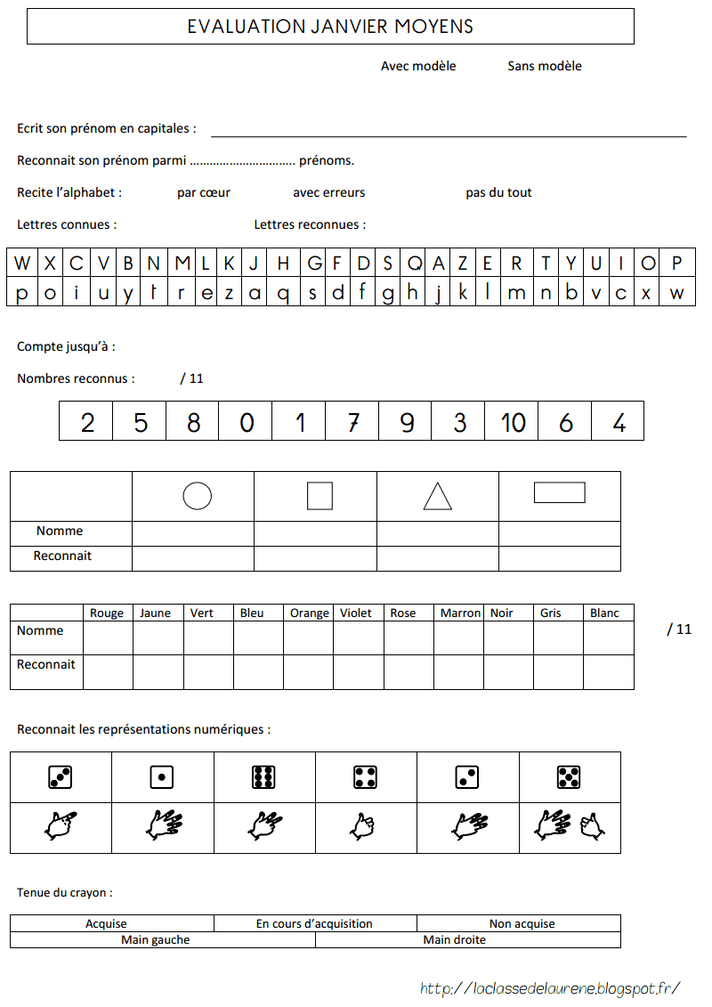 Evaluation Janvier - Laclassedelaurene.pdf | Evaluation dedans Exercices Moyenne Section Maternelle Pdf