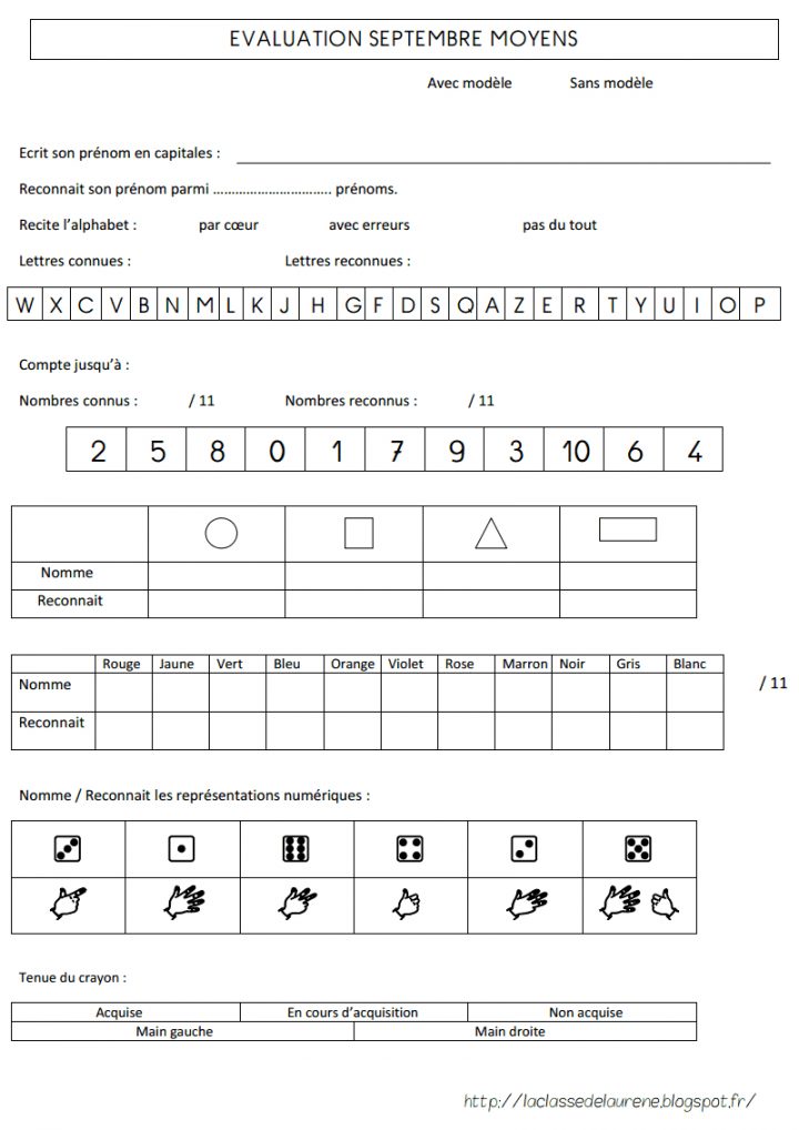 Evaluation Septembre – Laclassedelaurene.pdf | Évaluation pour Exercices Grande Section Maternelle Pdf