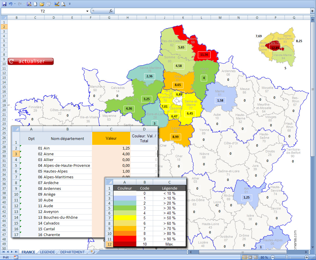 Excel Des Régions Et Départements De France Avec Coloration Selon Données destiné Carte De France Avec Les Départements