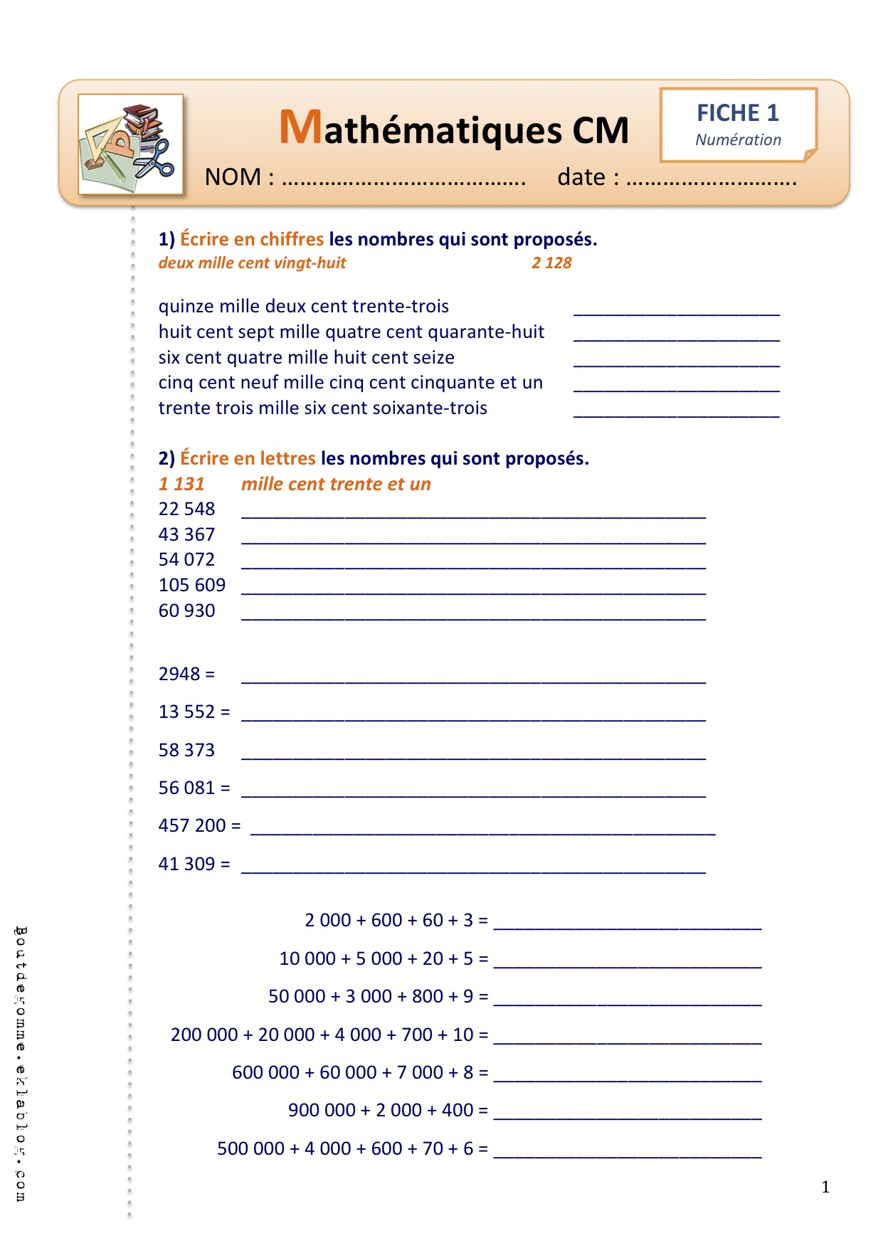 Exercices Numération Cm2 | Bout De Gomme concernant Exercices De Maths Cm1 À Imprimer Gratuit 