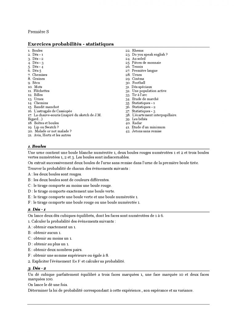 Exercices – Probabilités – Statistiques – 1° Partie – Docsity intérieur Exercice Chiffre Romain