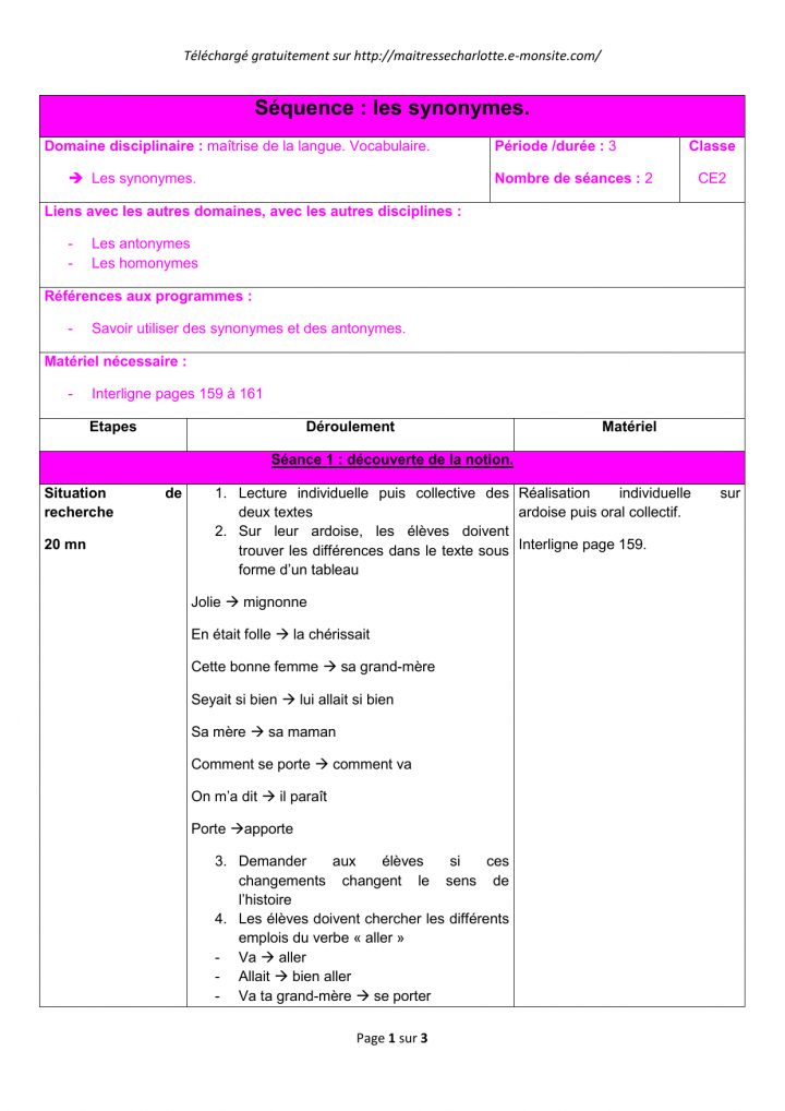 Fiche Sequence Les Synonymes – Page D`accueil – E concernant Chercher Les Differences