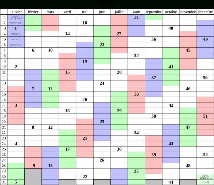 Fichier:calendrier 2019 Semaines Iso Fr.svg — Wikipédia encequiconcerne Calendrier 2019 Avec Semaine