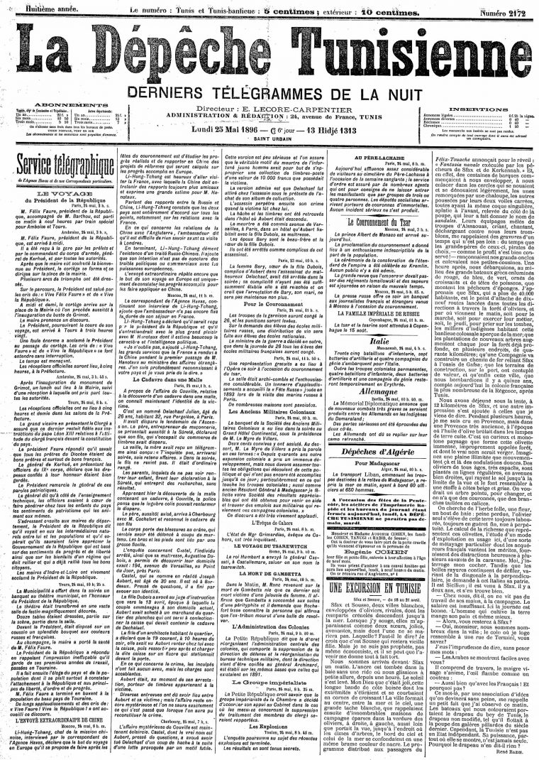 File:la Dépêche Tunisienne – 25.05.1896 – Numéro 2172 à Numéro Des Départements