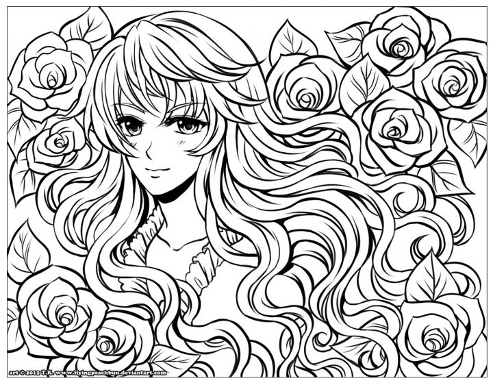 Fille Manga Fleurs Dans Ses Cheveux – Divers Animes Et intérieur Dessin A Colorier De Fleur