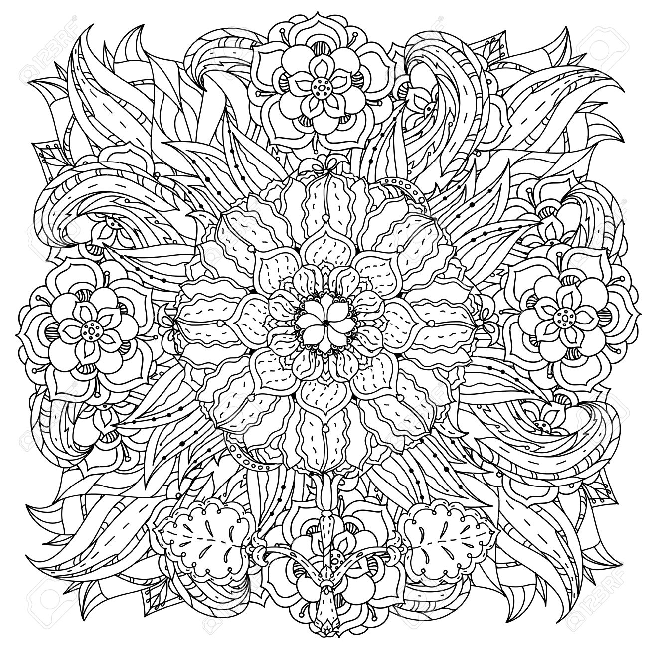 Fleurs De Forme De Mandala Profilées Pour Adulte Livre De Coloriage Dans Le  Zen Style Art-Thérapie Anti Dessin Stress. Hand-Drawn, Rétro, Griffonnage, intérieur Mandala À Colorier Adulte 
