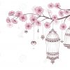 Fond Floral De Printemps. Cages D'oiseaux Sur Une Branche De Cerisier En  Fleur Isolé Sur Un Blanc. tout Dessin De Cage D Oiseau