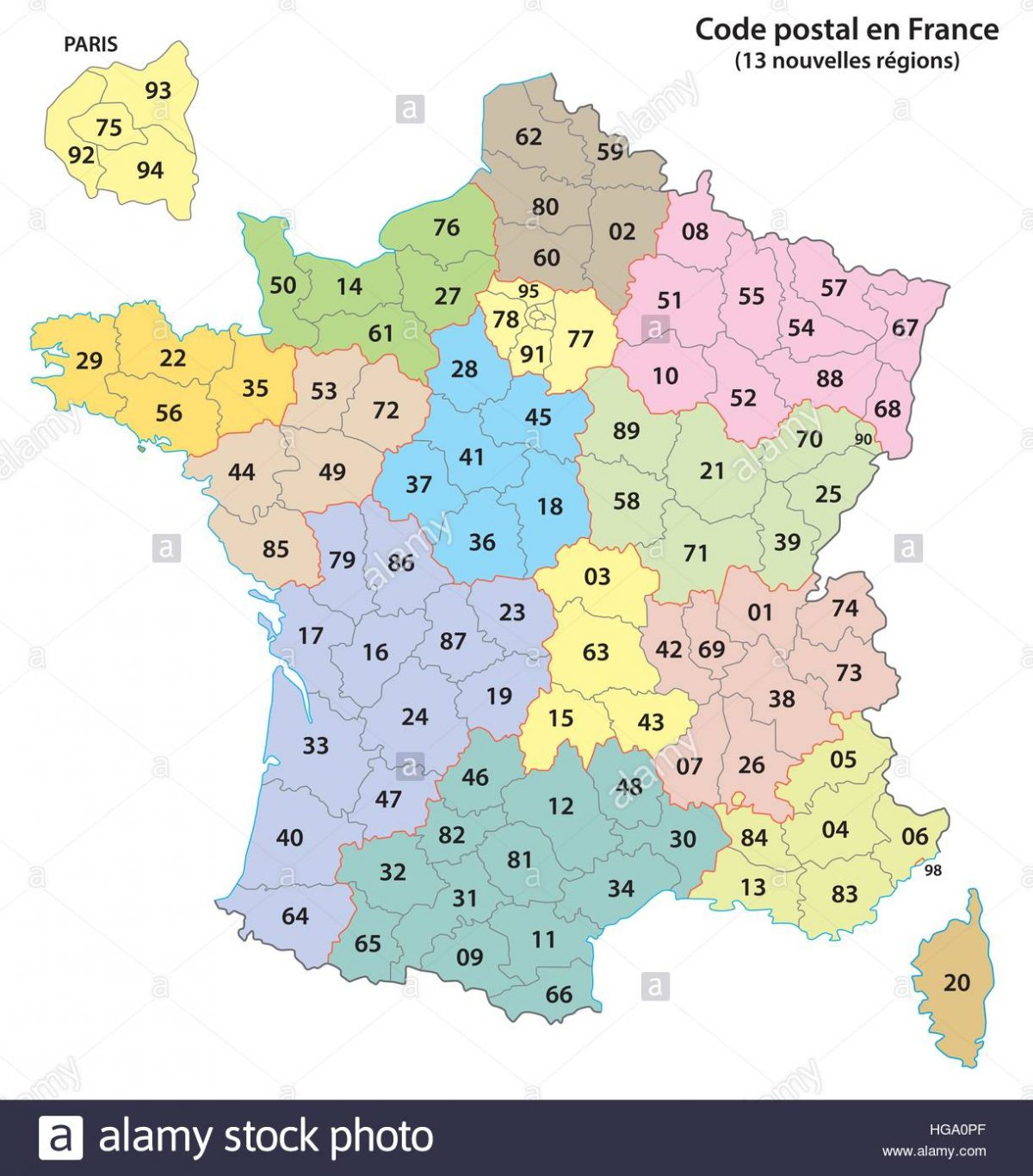 France 2 Digit Postcodes Map 2017 13 Regions Stock Vector Pour 13 Regions Francaises 1200x1366 