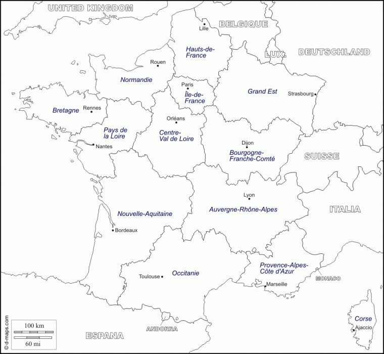 France : Carte Géographique Gratuite, Carte Géographique avec Carte Vierge Des Régions De France