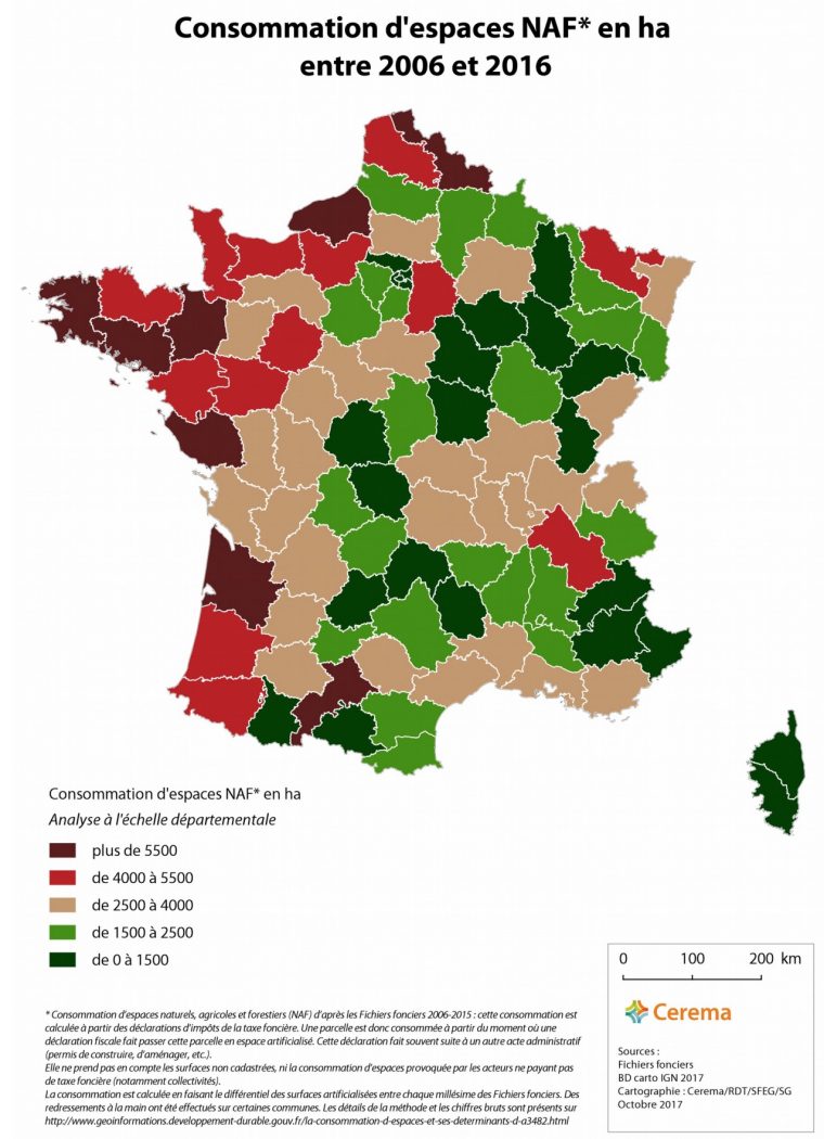 France – Consommation D'espaces Naturels, Agricoles Et à Carte Des Départements De France 2017