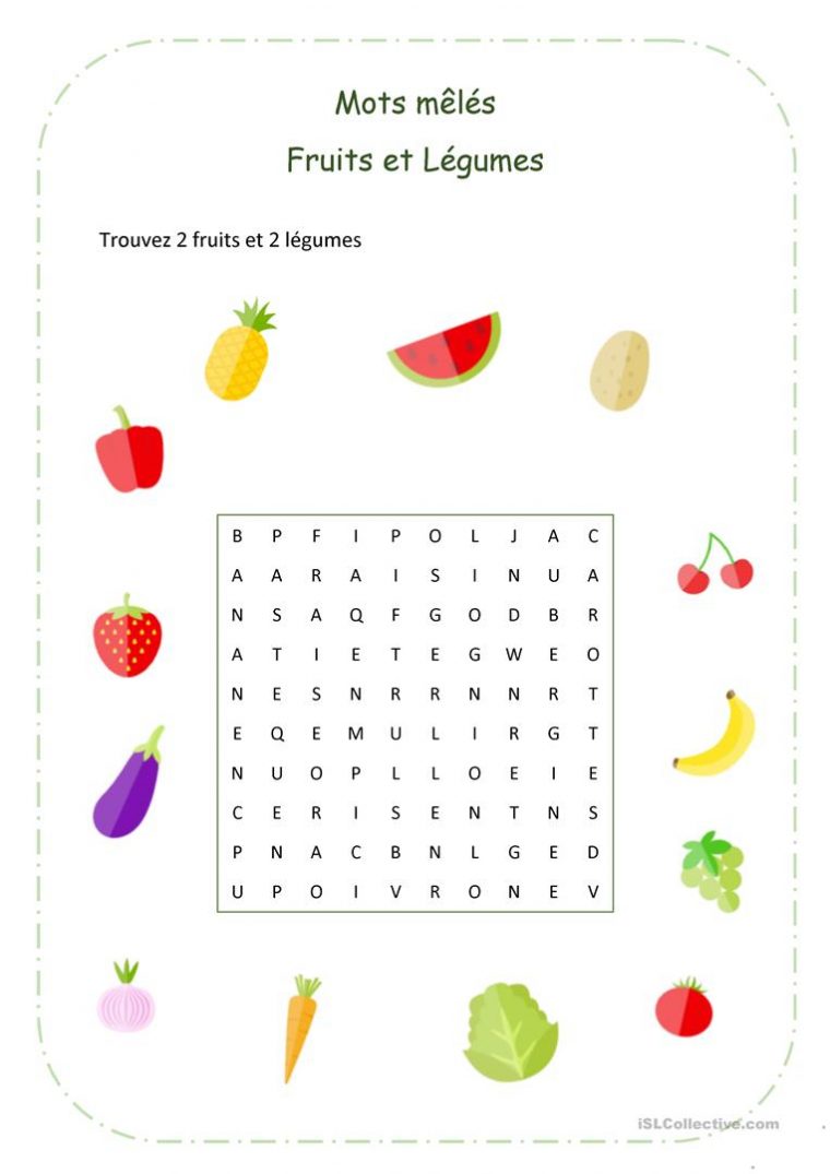 Fruits Et Légumes – Mots Mêlés – – Français Fle Fiches dedans Jeu De Mots Meles Gratuit En Francais