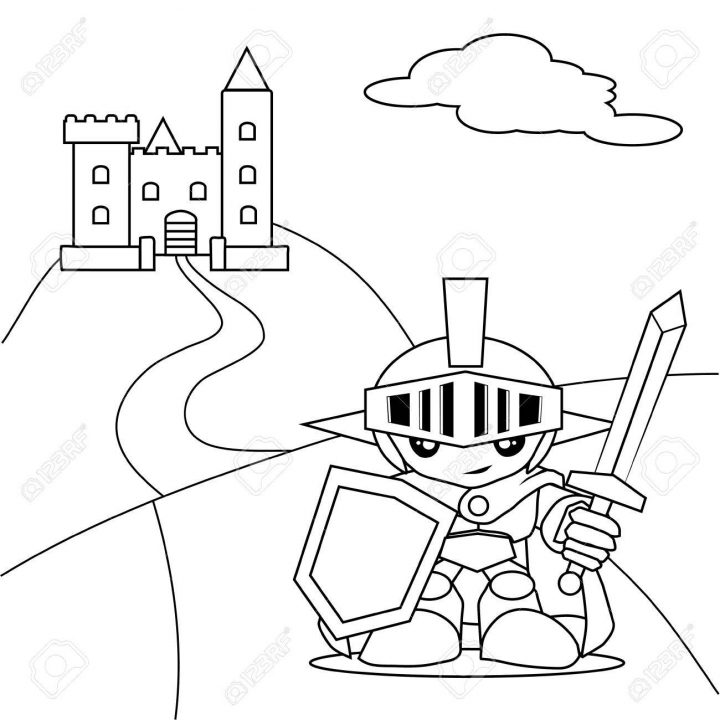 Hero Avec L'épée Et Le Livre De Coloriage De Château intérieur Coloriage D Épée