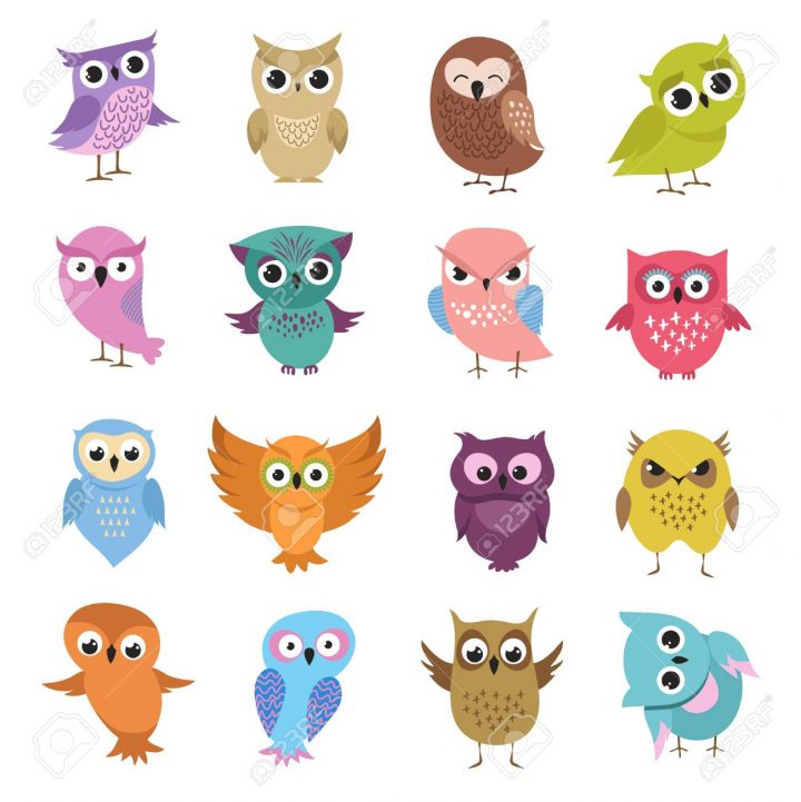 Hiboux De Dessin Animé Mignon. Oiseaux De Forêt Drôle Vector Collection.  Ensemble De Dessin Animé Hibou, Illustration De Caractère Oiseau De Forêt avec Dessiner Un Hibou