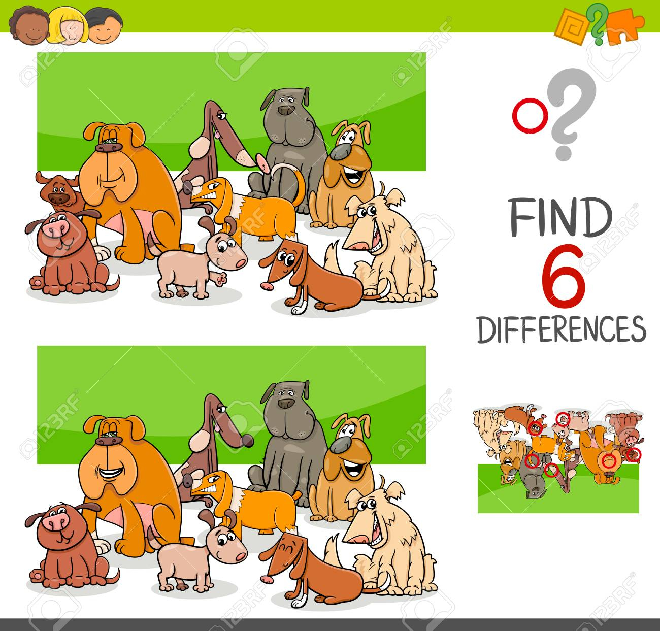 Illustration De Dessin Animé De Repérer Le Jeu Éducatif De Différences Pour  Les Enfants Avec Le Groupe De Caractères Animaux De Chien pour Les Jeux Educatif