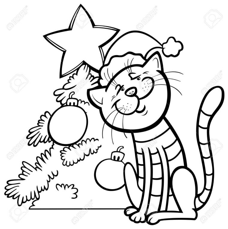 Illustration De Dessin Animé Noir Et Blanc De Chat Caractère D'animal Avec  Livre De Coloriage De Sapin De Noël dedans Coloriage De Chat De Noel