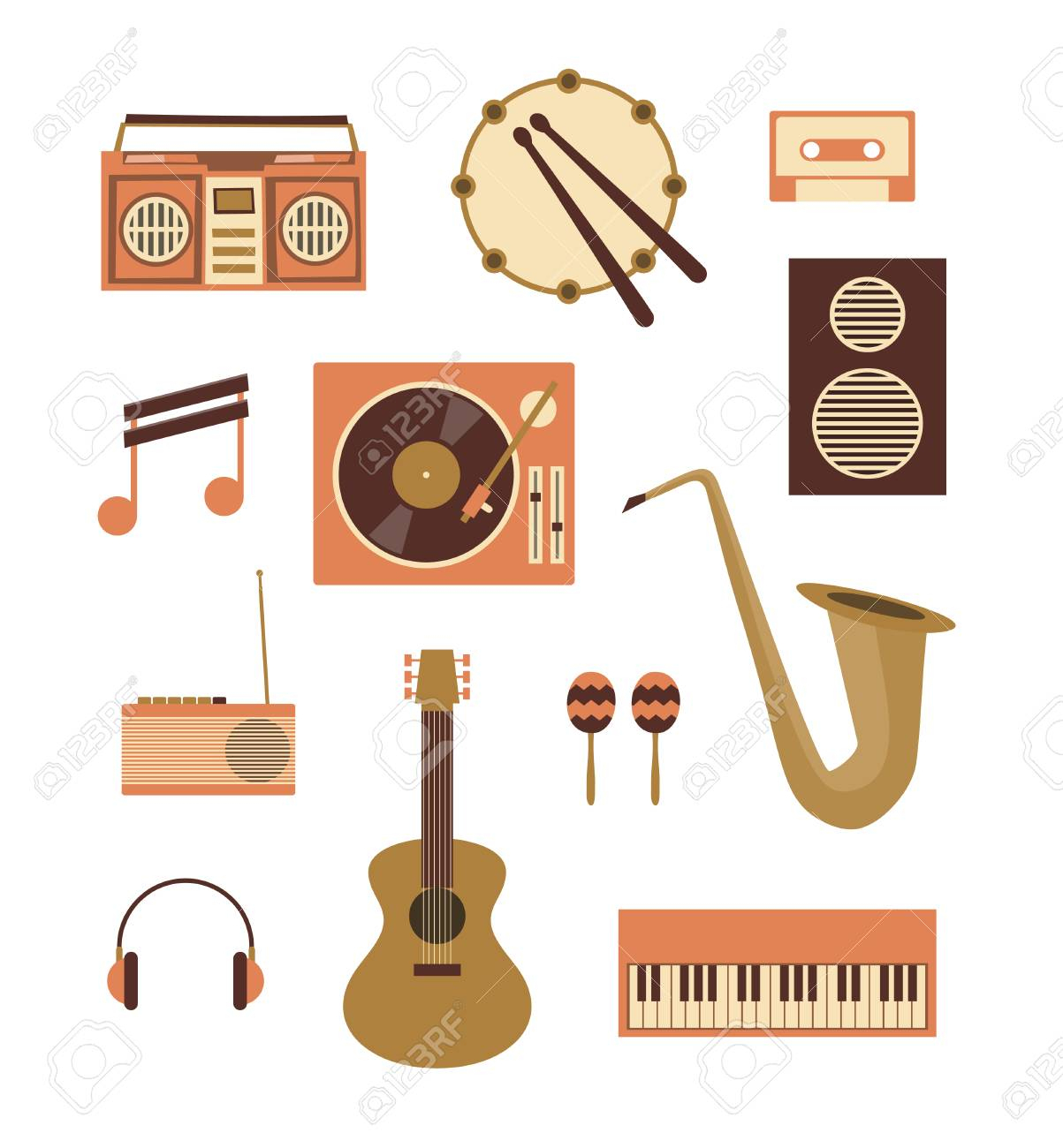 Illustration De Plat Vector, Jeu D'icônes De Musique: Enregistreur,  Tambour, Cassette Audio, Note, Platine Vinyle, Haut-Parleur Radio Guitare  Maracas avec Jeu Des Instruments De Musique