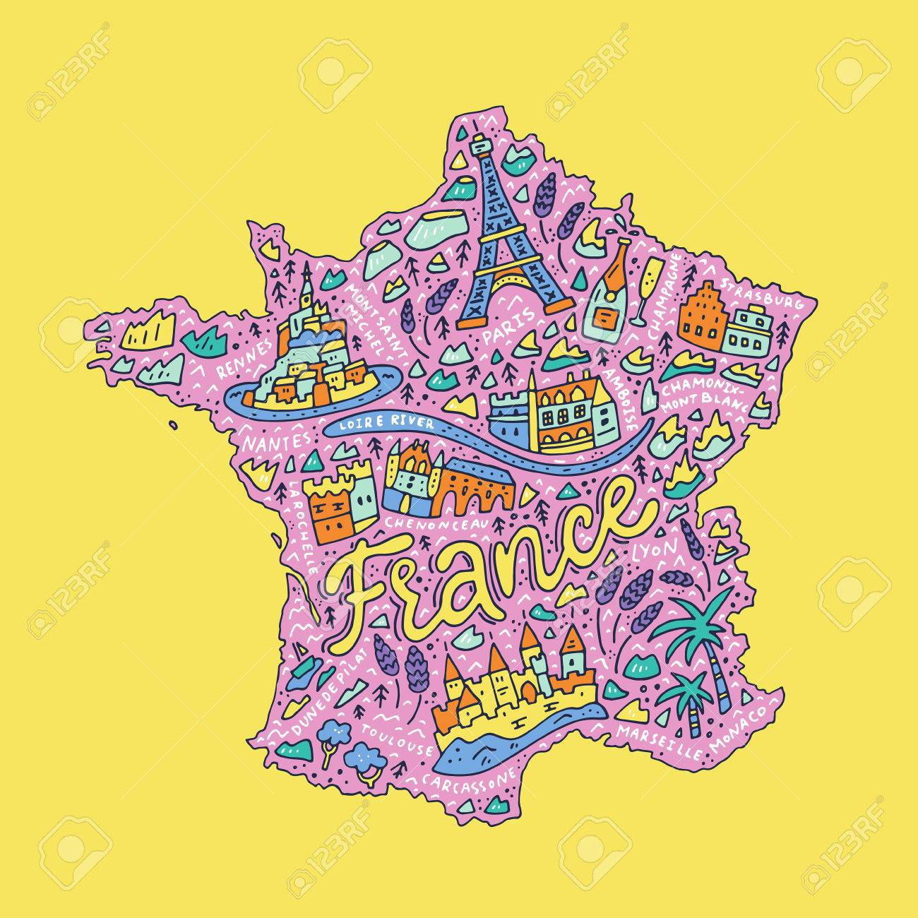 Illustration Vectorielle De La Carte De Dessin Animé De La France Avec Des  Symboles De Doodle Et Lettrage. à Dessin Carte De France