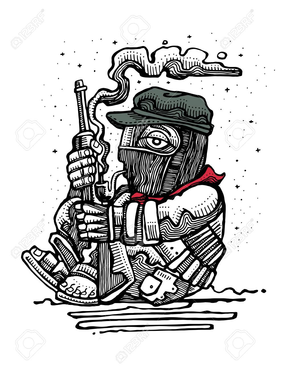 Illustration Vectorielle Dessinés À La Main Ou Dessin D'un Soldat Rebelle  Zapatiste Mexicain Avec Fusil intérieur Dessin De Rebelle