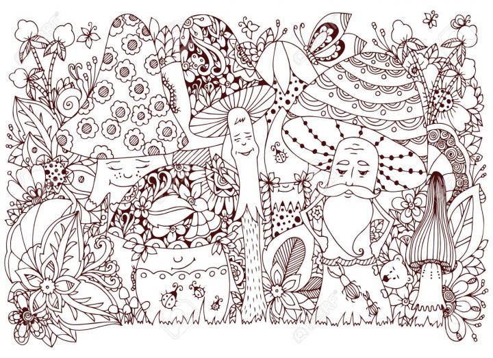 Illustration Vectorielle Enchevêtrement Zen De Champignons Dans La Forêt.  Dessin Animé, Doodle, Floral. Livre De Coloriage Anti Stress Pour Les à Dessin De Foret