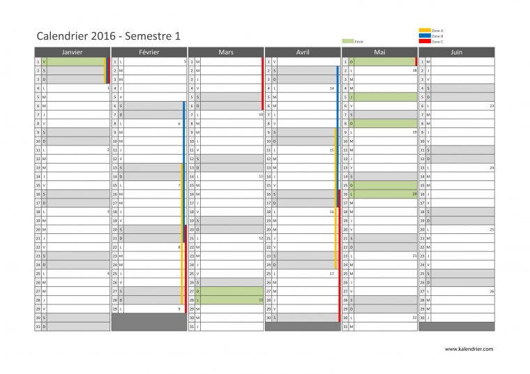 Imprimer Calendrier 2016 Gratuitement – Pdf, Xls Et Jpg avec Calendrier 2Ème Semestre 2018