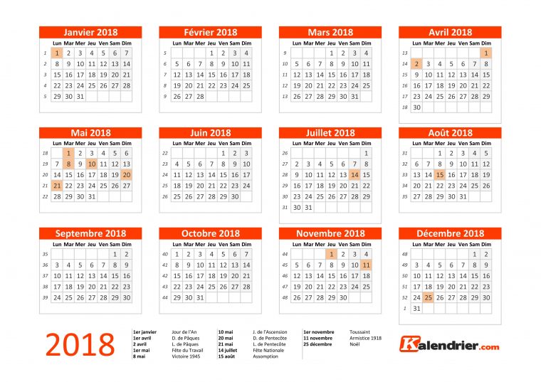 Imprimer Calendrier 2018 Gratuitement – Pdf, Xls Et Jpg avec Calendrier 2018 À Imprimer Pdf