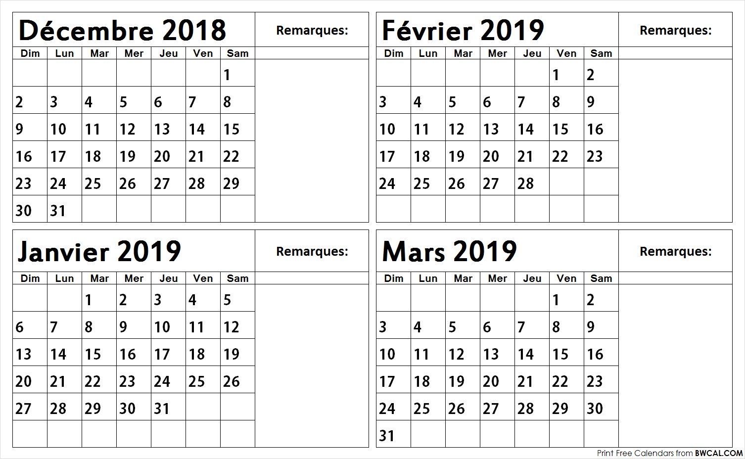 Imprimer Décembre 2018 Janvier Février Mars 2019 Calendrier destiné Calendrier 2018 Imprimable Gratuit 