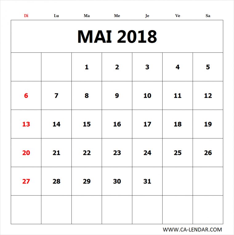 Imprimer Le Blanc Calendrier Mai 2018 | Tous Les Modèles à Calendrier Mensuel 2018 À Imprimer