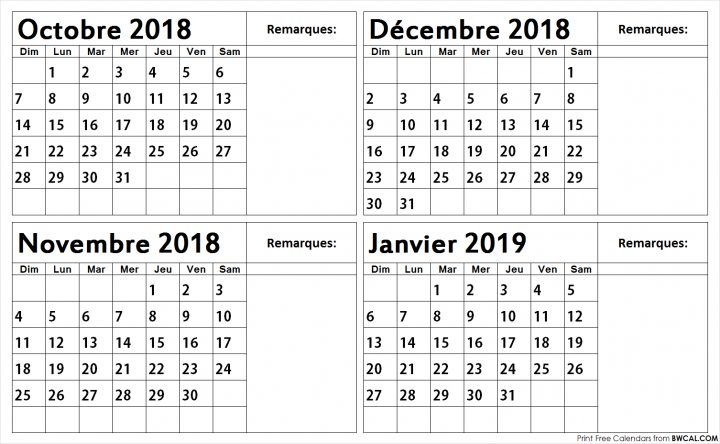 Imprimer Octobre Novembre Décembre 2018 Janvier 2019 Calendrier concernant Calendrier 2018 Imprimable Gratuit