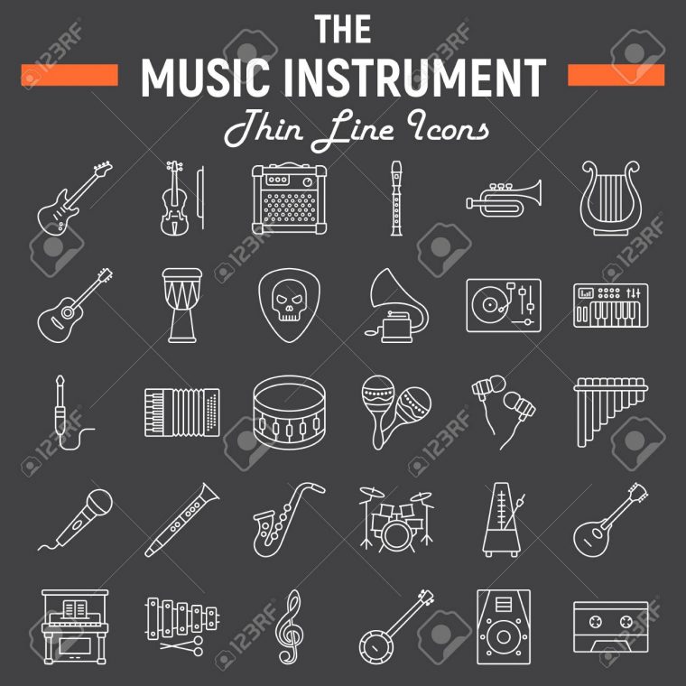 Instruments De Musique Ligne Jeu D'icônes, Collection De Symboles Audio,  Croquis De Vecteur D'outils Musicaux, Illustrations De Logo, Paquet De concernant Jeux De Musique En Ligne