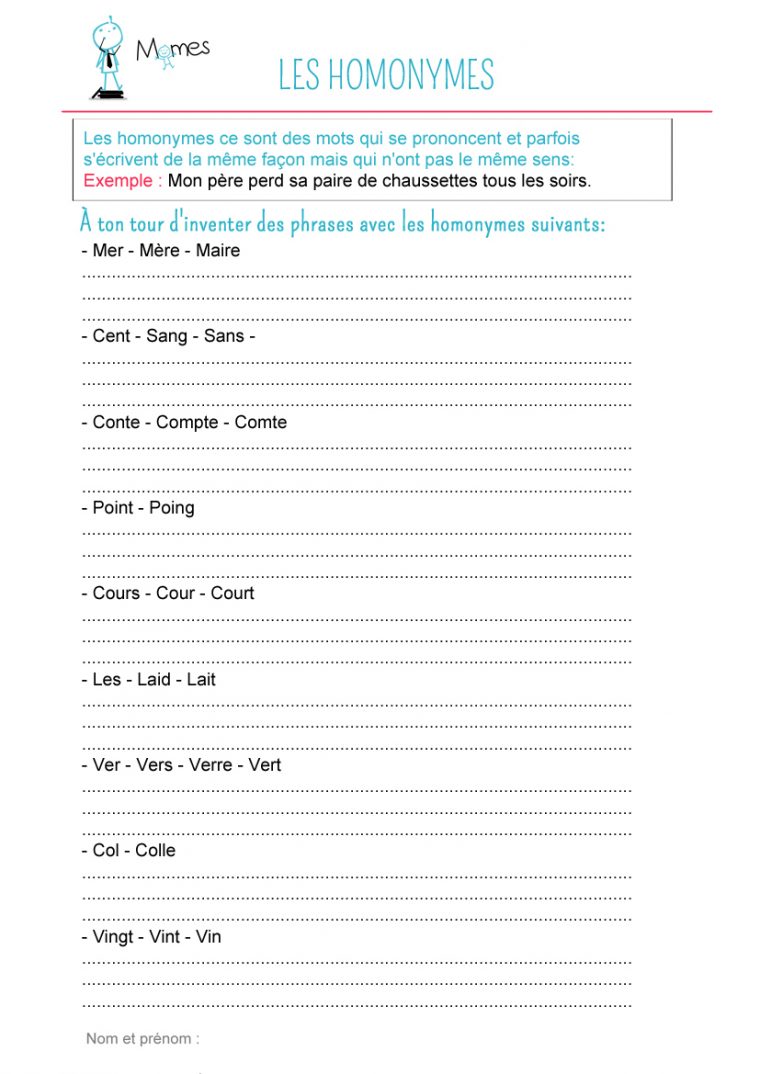 Inventer Des Phrases Avec Des Homonymes – Exercice – Momes à Cours Ce2 A Imprimer