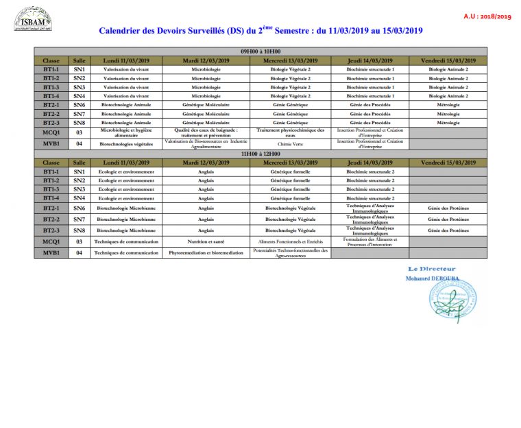 Isbam – Calendrier Des Ds1 Semestre 2: Au 2018-2019 à Calendrier 2Ème Semestre 2018